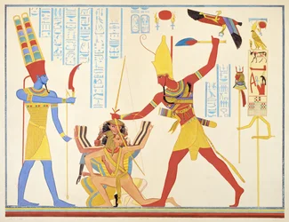 The God Amun offers a sickle weapon to the pharaoh Ramesses III as he strikes two captured enemies, 1835-45